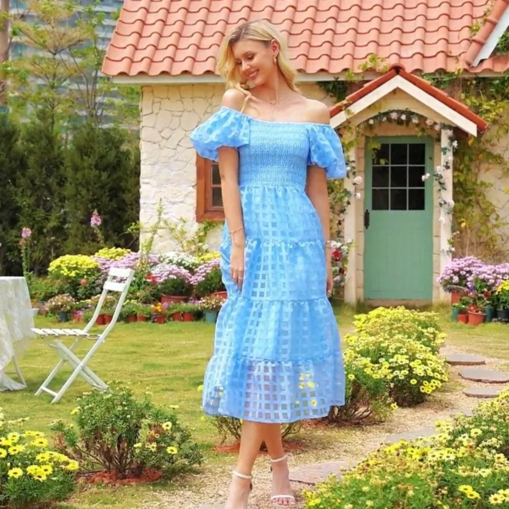 NWT PrettyGarden Blue Puff-Sleeve Ruffle Dress Size S - Picture 3 of 15